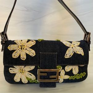 Fendi Floral Embroidered Denim Baguette Shoulder Bag